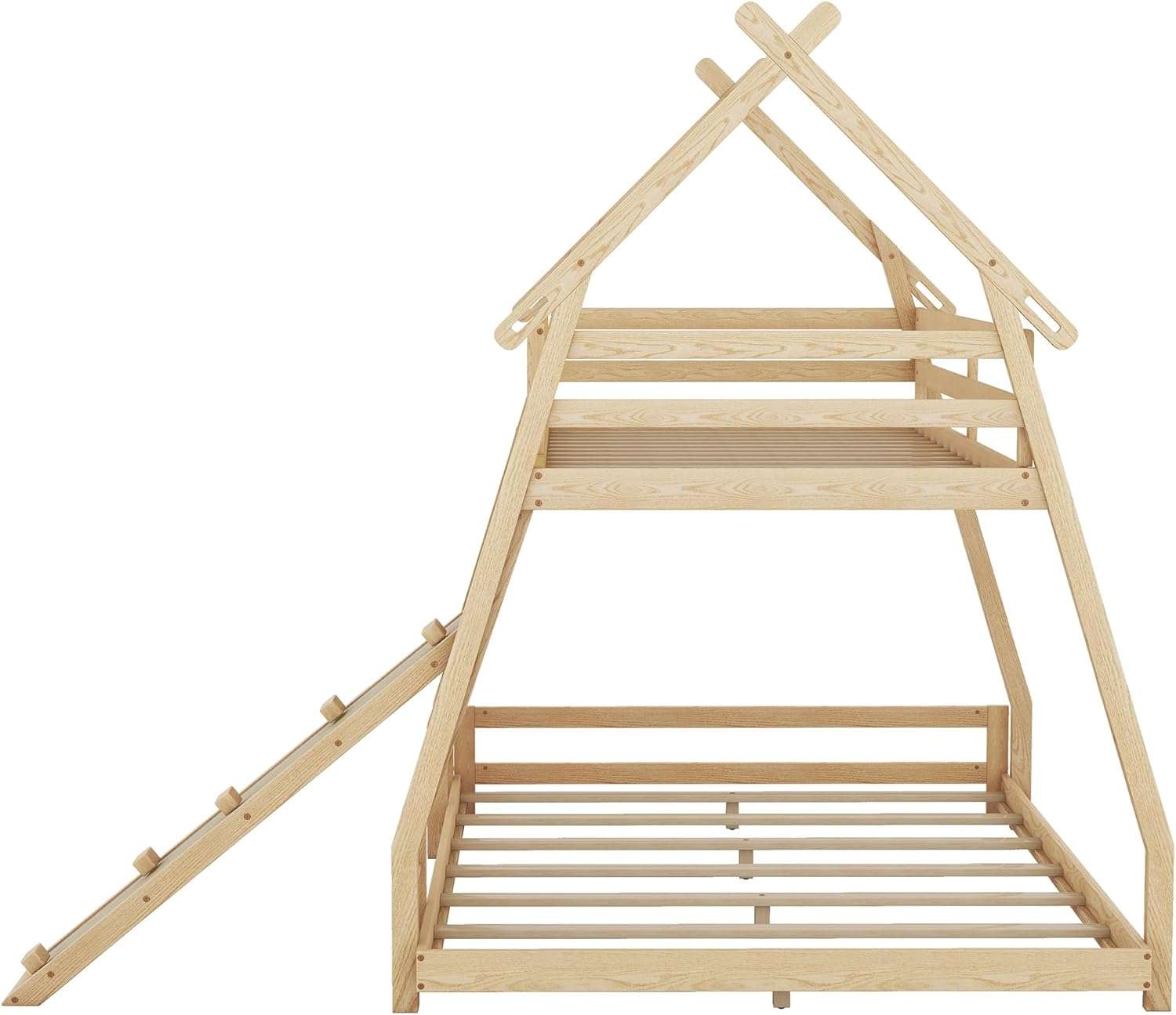 Merax Twin Over Queen House Bunk Bed Solid Wood Frame with Climbing Nets and Climbing Ramp for Boys Girls and Teens,Natural - 6
