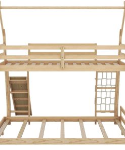 Merax Twin Over Queen House Bunk Bed Solid Wood Frame with Climbing Nets and Climbing Ramp for Boys Girls and Teens,Natural - 7