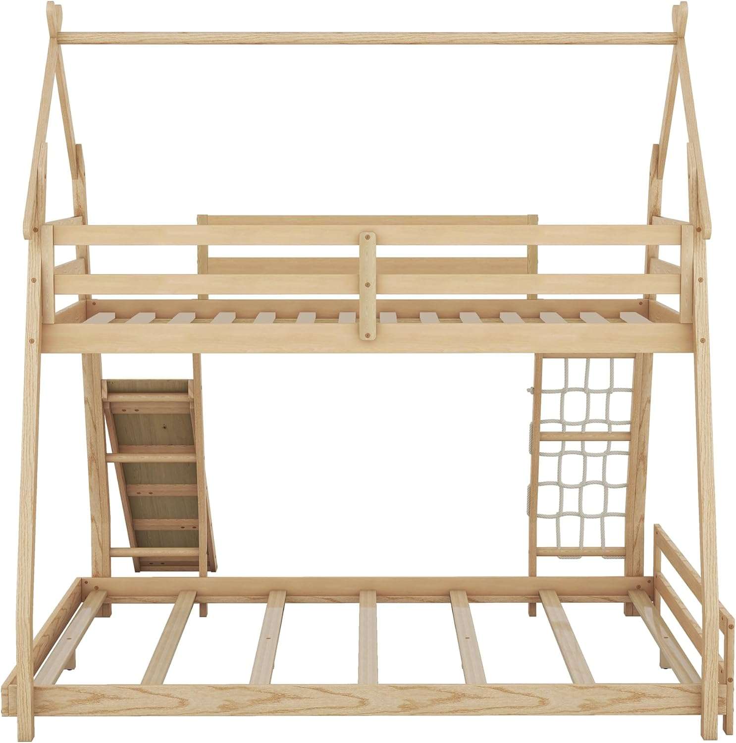 Merax Twin Over Queen House Bunk Bed Solid Wood Frame with Climbing Nets and Climbing Ramp for Boys Girls and Teens,Natural - 7