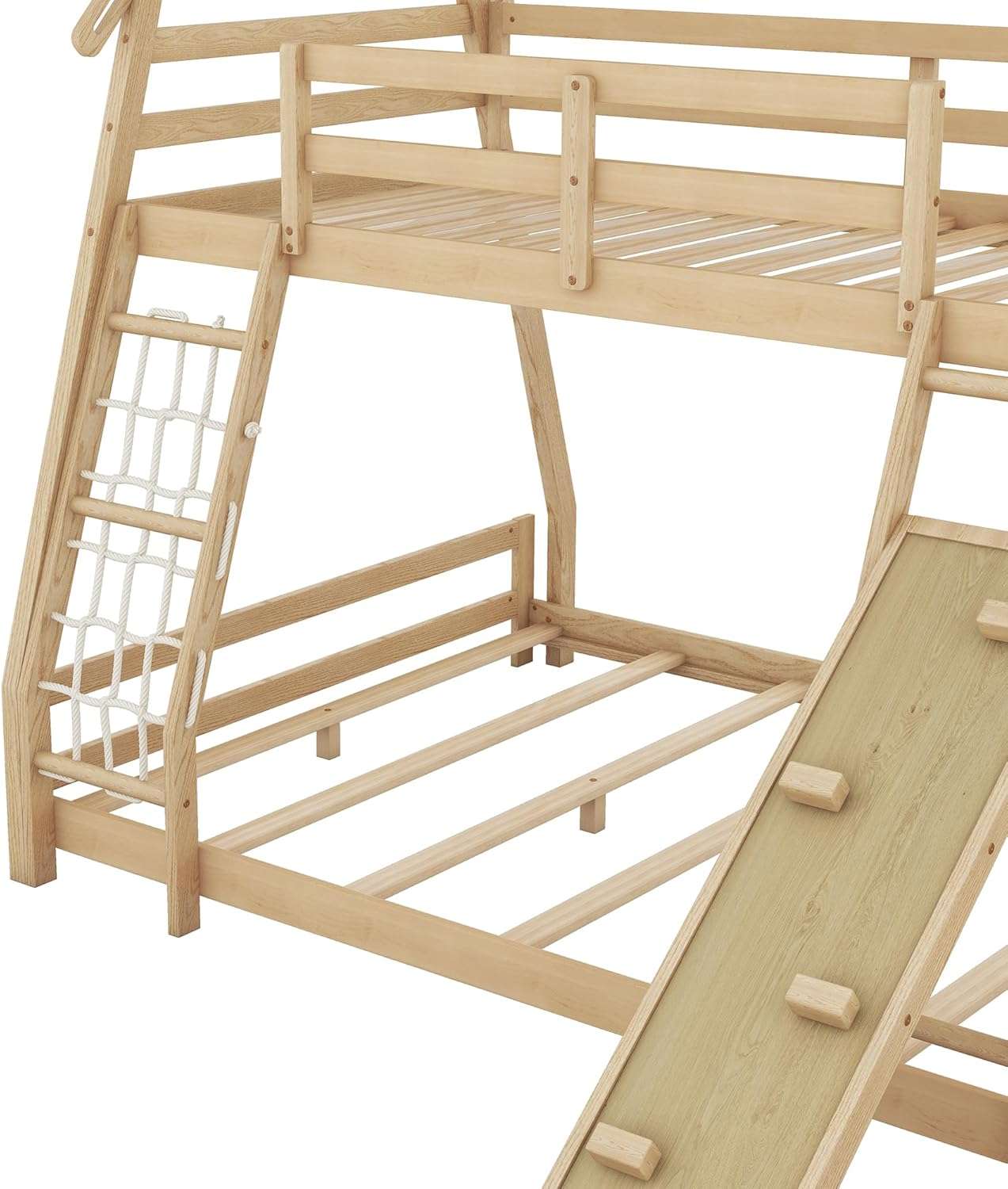 Merax Twin Over Queen House Bunk Bed Solid Wood Frame with Climbing Nets and Climbing Ramp for Boys Girls and Teens,Natural - 9