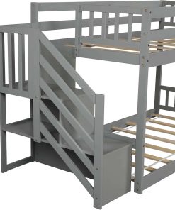 P PURLOVE Twin Over Twin Junior's Low Bunk Bed with Storage Stairs,Wood Floor Bunk Bed with Storage for Kids Teens,Floor Twin Size Bunk Bed with Slat, No Box Spring Need - 7