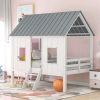 SOFTSEA Low Loft Bed of Kids Bedroom, Wood House Loft Bed with Windows and Roof, Wood Slats and No Box Spring Needed - 1