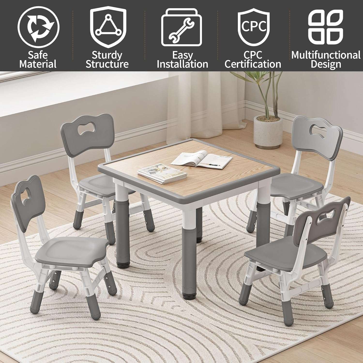 Kids Table and Chairs, Height Adjustable Childrens Table and Chair Set, Kids Tables for Age 2-8, Graffiti Desktop, Table for Kids with 2 Seats, Small Kids Table, Max 300lbs - 4