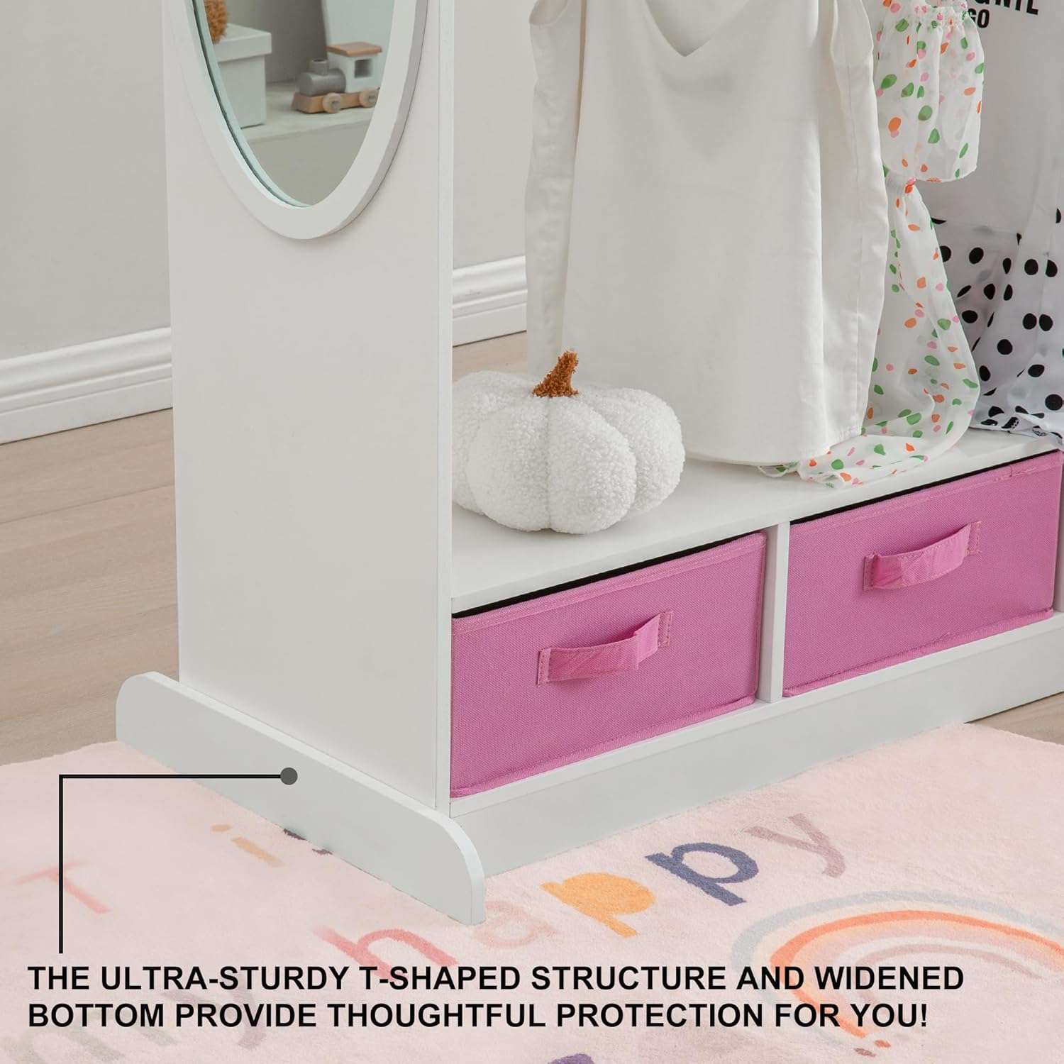 RELIANCER Kids Armoire Dress-Up Closet w-Mirror,Open Hanging Wardrobe w-Clothes Rack,Toddlers Pretend Play Costume Storage Dresser,Children Costume Organizer Center - 7