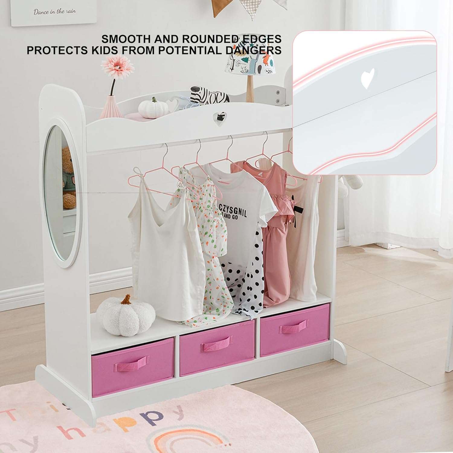 RELIANCER Kids Armoire Dress-Up Closet w-Mirror,Open Hanging Wardrobe w-Clothes Rack,Toddlers Pretend Play Costume Storage Dresser,Children Costume Organizer Center - 8