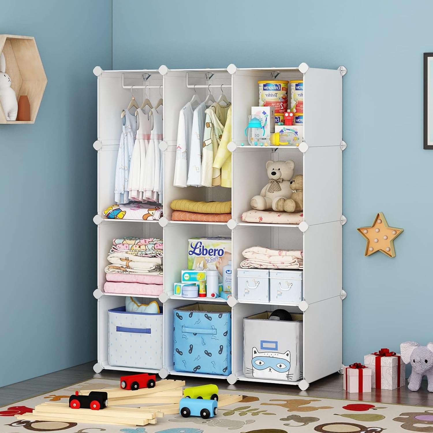VIPZONE Baby Dresser, Kids Closet Organizers, Portable Kids Wardrobe for Closet, Bedroom, Nursery, Cubby, Cabinet, Clothes, Dress, Baby Storage Shelf, Armoire Clothes Hanging (12 Cube, White) - 1
