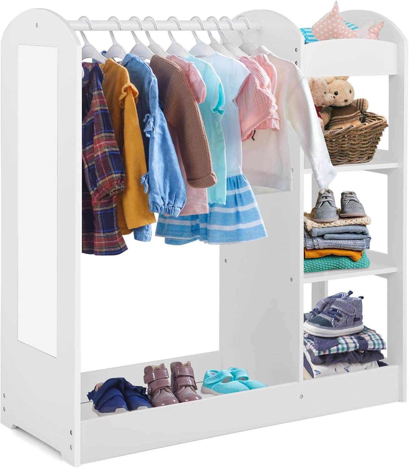 Costzon Kids Dress up Storage with Mirror, Clothes Rack, 3-Tier Shelves, Bottom Tray, Pretend Play Costume Dresser Organizer Center, Open Hanging Armoire Closet for Little Girls (White) - 1