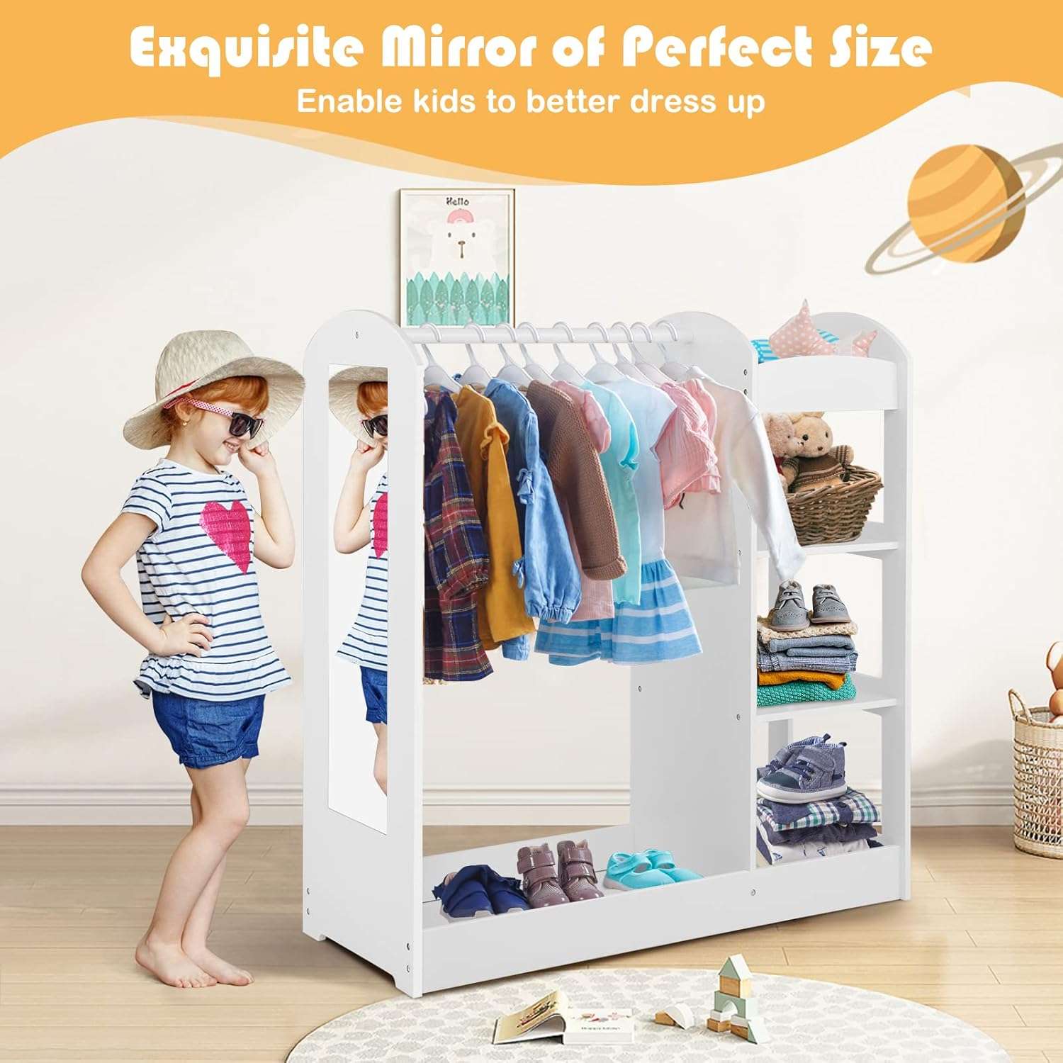 Costzon Kids Dress up Storage with Mirror, Clothes Rack, 3-Tier Shelves, Bottom Tray, Pretend Play Costume Dresser Organizer Center, Open Hanging Armoire Closet for Little Girls (White) - Image 7