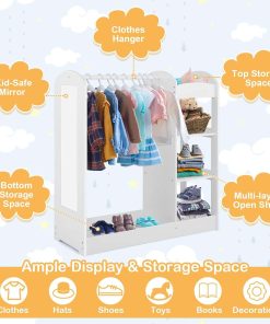 Costzon Kids Dress up Storage with Mirror, Clothes Rack, 3-Tier Shelves, Bottom Tray, Pretend Play Costume Dresser Organizer Center, Open Hanging Armoire Closet for Little Girls (White) - 3