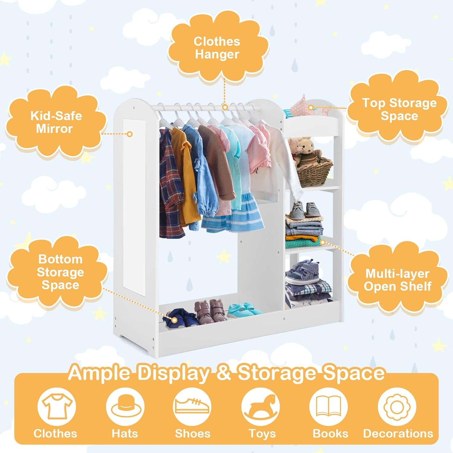 Costzon Kids Dress up Storage with Mirror, Clothes Rack, 3-Tier Shelves, Bottom Tray, Pretend Play Costume Dresser Organizer Center, Open Hanging Armoire Closet for Little Girls (White) - 3