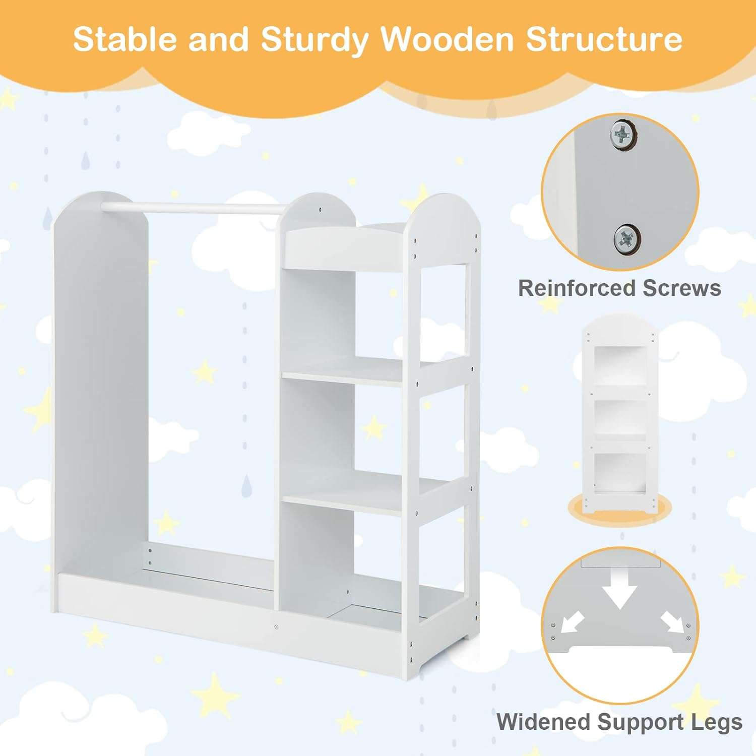 Costzon Kids Dress up Storage with Mirror, Clothes Rack, 3-Tier Shelves, Bottom Tray, Pretend Play Costume Dresser Organizer Center, Open Hanging Armoire Closet for Little Girls (White) - 4