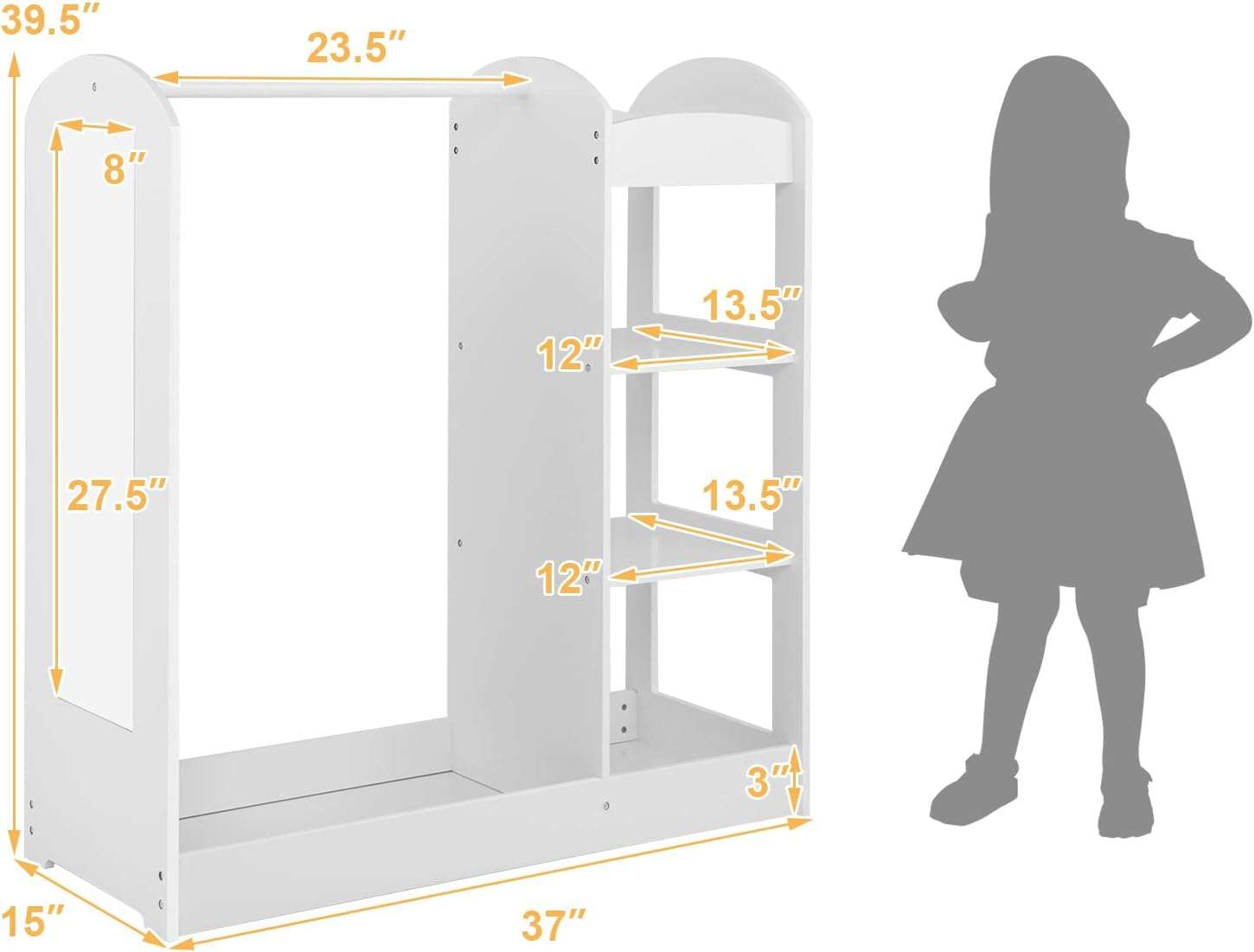 Costzon Kids Dress up Storage with Mirror, Clothes Rack, 3-Tier Shelves, Bottom Tray, Pretend Play Costume Dresser Organizer Center, Open Hanging Armoire Closet for Little Girls (White) - 6