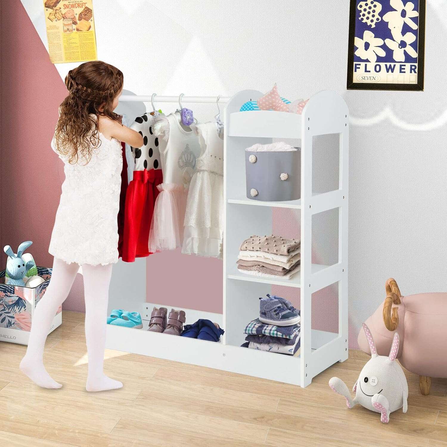 Costzon Kids Dress up Storage with Mirror, Clothes Rack, 3-Tier Shelves, Bottom Tray, Pretend Play Costume Dresser Organizer Center, Open Hanging Armoire Closet for Little Girls (White) - 7
