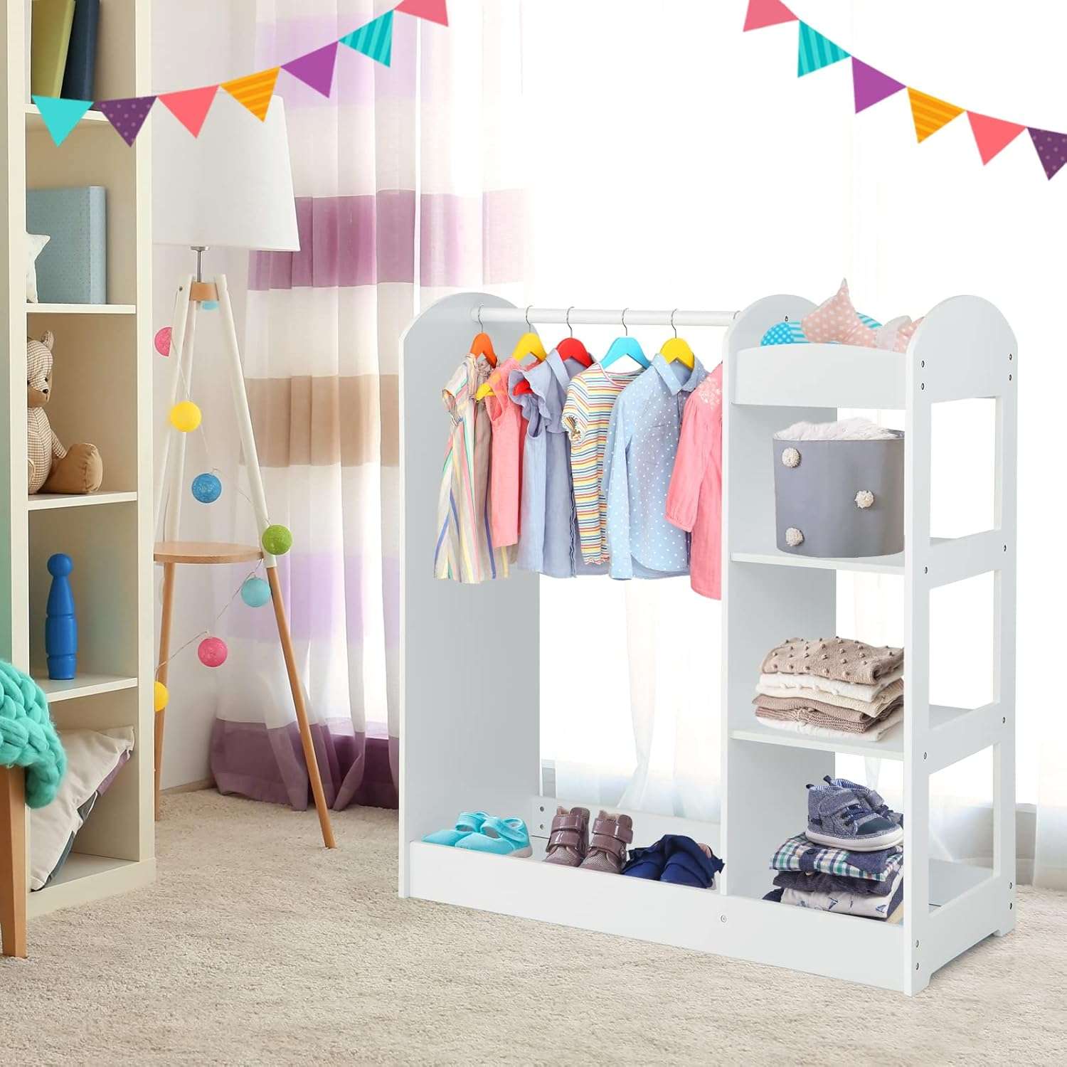 Costzon Kids Dress up Storage with Mirror, Clothes Rack, 3-Tier Shelves, Bottom Tray, Pretend Play Costume Dresser Organizer Center, Open Hanging Armoire Closet for Little Girls (White) - 8