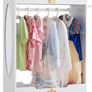 Kids Dress Up Storage with Mirror, Kids Armoire with Non-Woven Drawers, Open Costume Closet with Hanging Rack for Toddlers (White) - 1