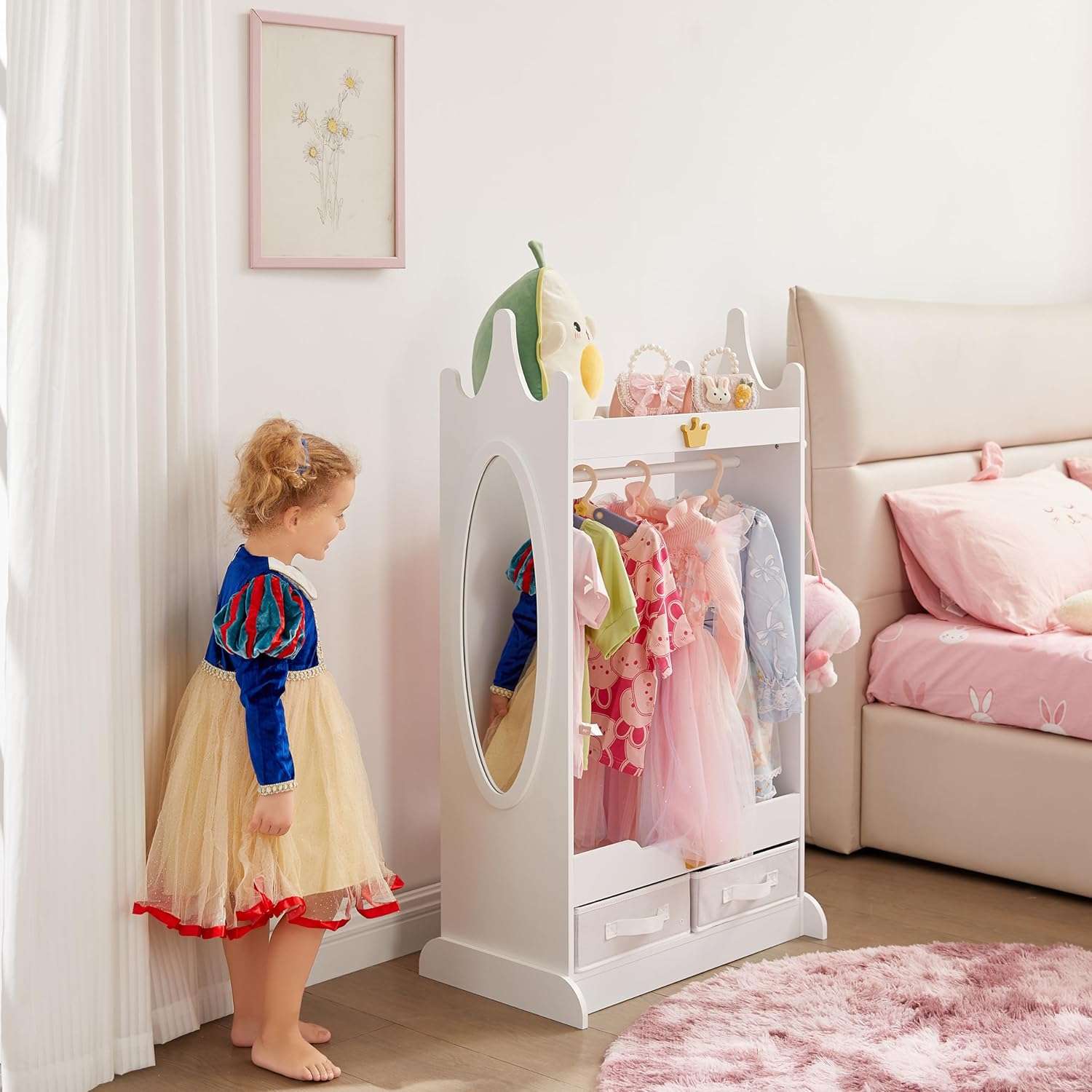 Kids Dress Up Storage with Mirror, Kids Armoire with Non-Woven Drawers, Open Costume Closet with Hanging Rack for Toddlers (White) - 2