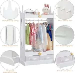 Kids Dress Up Storage with Mirror, Kids Armoire with Non-Woven Drawers, Open Costume Closet with Hanging Rack for Toddlers (White) - 3