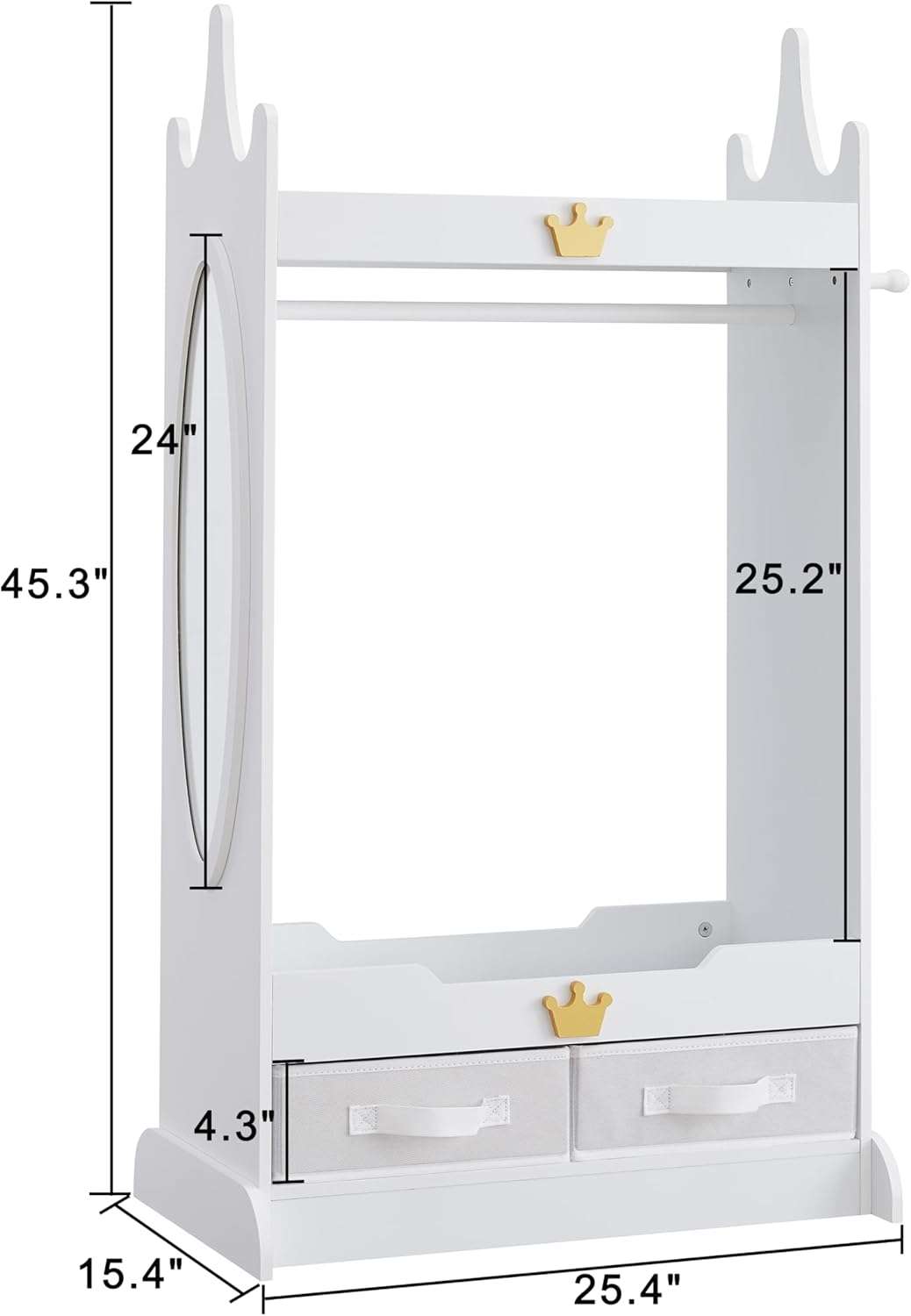 Kids Dress Up Storage with Mirror, Kids Armoire with Non-Woven Drawers, Open Costume Closet with Hanging Rack for Toddlers (White) - 5