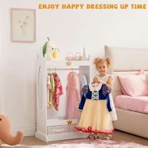 Kids Dress Up Storage with Mirror, Kids Armoire with Non-Woven Drawers, Open Costume Closet with Hanging Rack for Toddlers (White) - 6