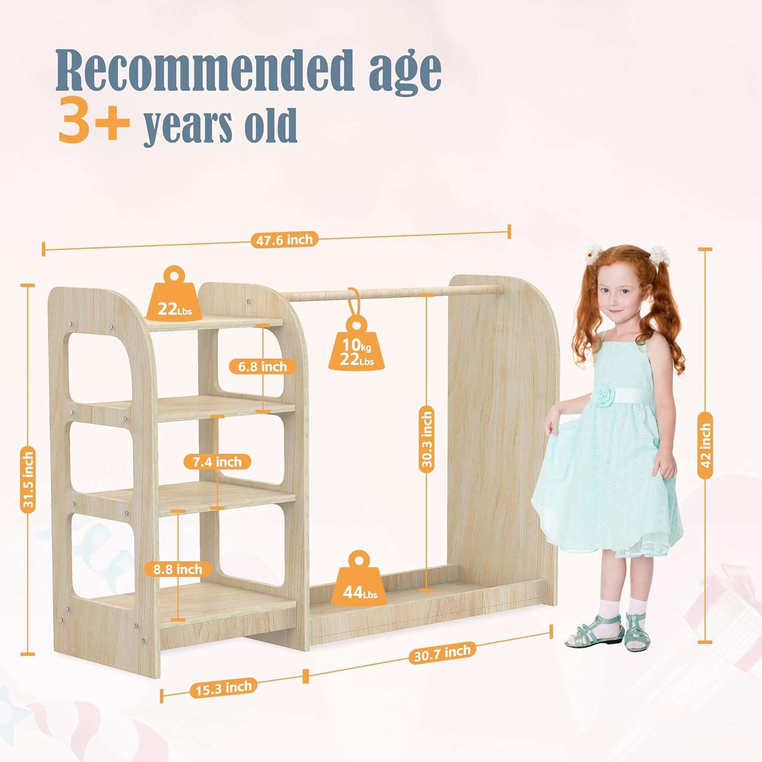 Kids Dress Up Storage with Mirror, Montessori Kids Dress Up Rack, Wooden Dress Up Storage Rack for Little Girls and Boys, Kids Costume Rack with Storage Shelf - 6