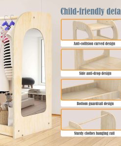 Kids Dress Up Storage with Mirror, Montessori Kids Dress Up Rack, Wooden Dress Up Storage Rack for Little Girls and Boys, Kids Costume Rack with Storage Shelf - 7