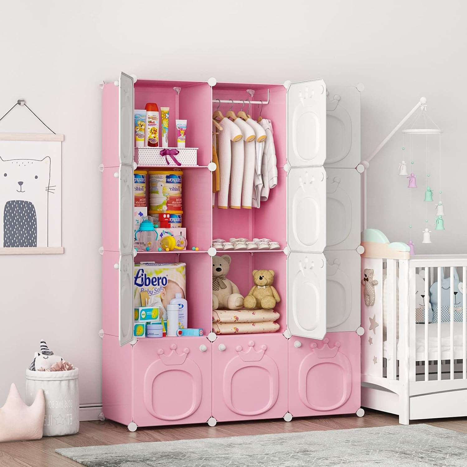 MAGINELS Kids Wardrobe Closet,Baby Closet Cabinet with Door.Baby Girls Closet Armoires Organizer for Bedroom.Two Open Hanging Children Costume Area and 8 Cube Stroage.Pink - 1