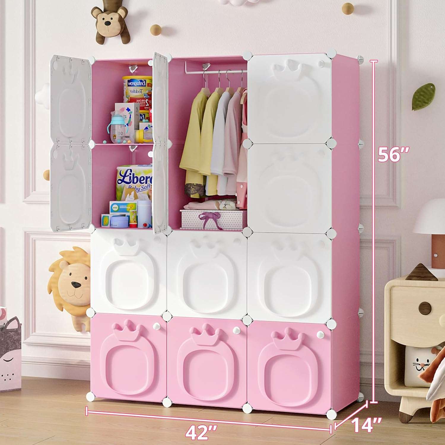 MAGINELS Kids Wardrobe Closet,Baby Closet Cabinet with Door.Baby Girls Closet Armoires Organizer for Bedroom.Two Open Hanging Children Costume Area and 8 Cube Stroage.Pink(42x14x56inch) - Image 9