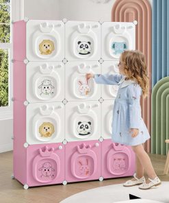 MAGINELS Kids Wardrobe Closet,Baby Closet Cabinet with Door.Baby Girls Closet Armoires Organizer for Bedroom.Two Open Hanging Children Costume Area and 8 Cube Stroage.Pink - 3