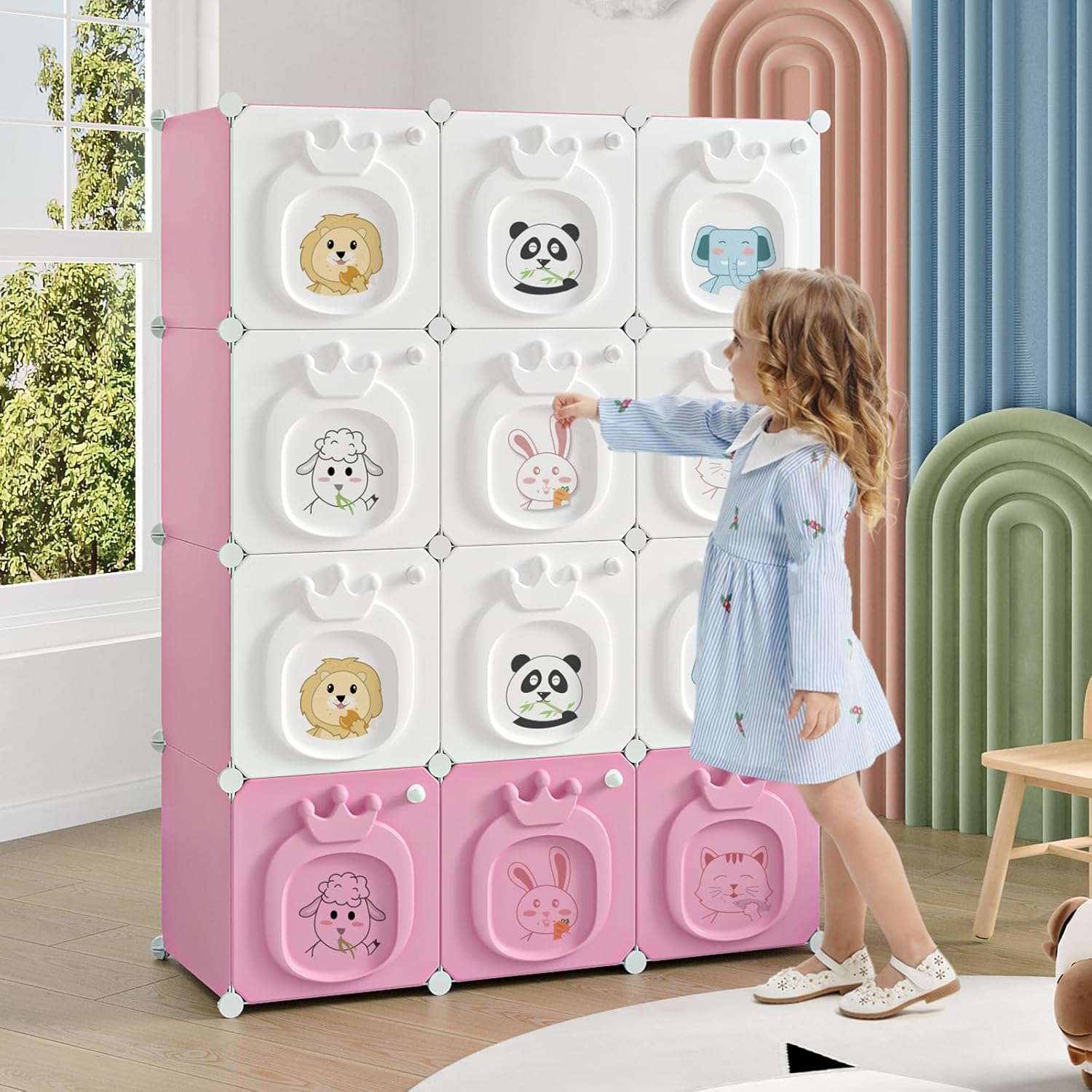 MAGINELS Kids Wardrobe Closet,Baby Closet Cabinet with Door.Baby Girls Closet Armoires Organizer for Bedroom.Two Open Hanging Children Costume Area and 8 Cube Stroage.Pink - 3