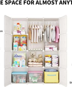 MAGINELS Kids Wardrobe Closet,Baby Closet Cabinet with Door.Baby Girls Closet Armoires Organizer for Bedroom.Two Open Hanging Children Costume Area and 8 Cube Stroage.Pink - 4