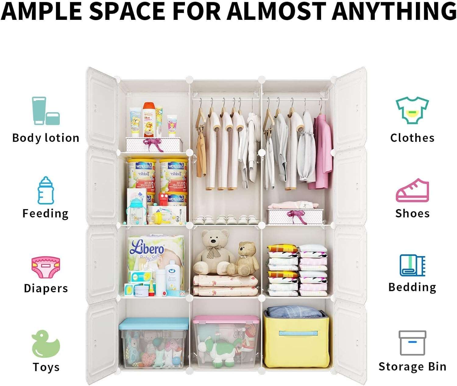 MAGINELS Kids Wardrobe Closet,Baby Closet Cabinet with Door.Baby Girls Closet Armoires Organizer for Bedroom.Two Open Hanging Children Costume Area and 8 Cube Stroage.Pink - 4