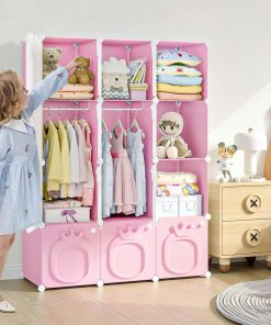 MAGINELS Kids Wardrobe Closet,Baby Closet Cabinet with Door.Baby Girls Closet Armoires Organizer for Bedroom.Two Open Hanging Children Costume Area and 8 Cube Stroage.Pink - 7