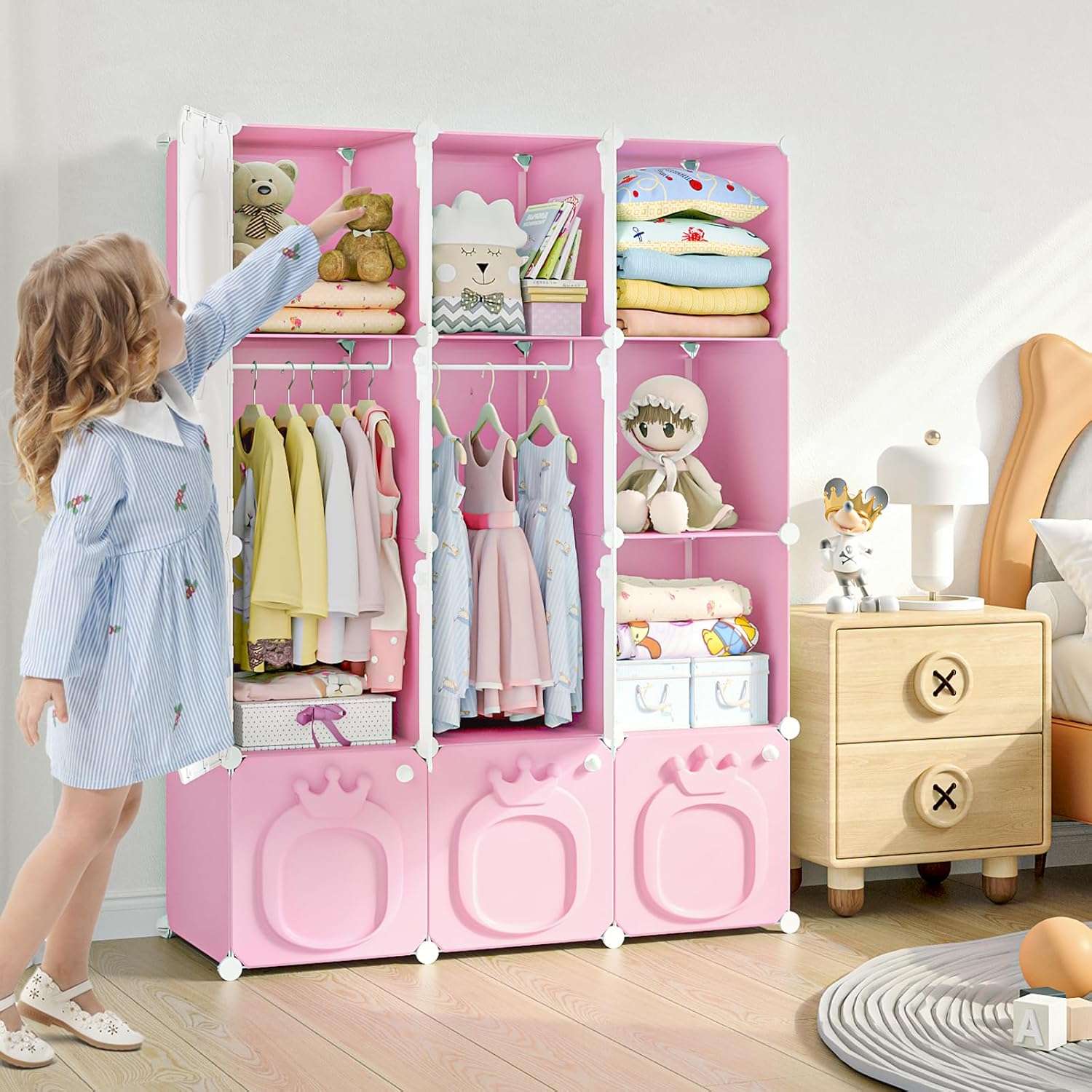 MAGINELS Kids Wardrobe Closet,Baby Closet Cabinet with Door.Baby Girls Closet Armoires Organizer for Bedroom.Two Open Hanging Children Costume Area and 8 Cube Stroage.Pink - 7