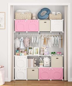 MAGINELS Kids Wardrobe Closet,Baby Closet Cabinet with Door.Baby Girls Closet Armoires Organizer for Bedroom.Two Open Hanging Children Costume Area and 8 Cube Stroage.Pink - 8