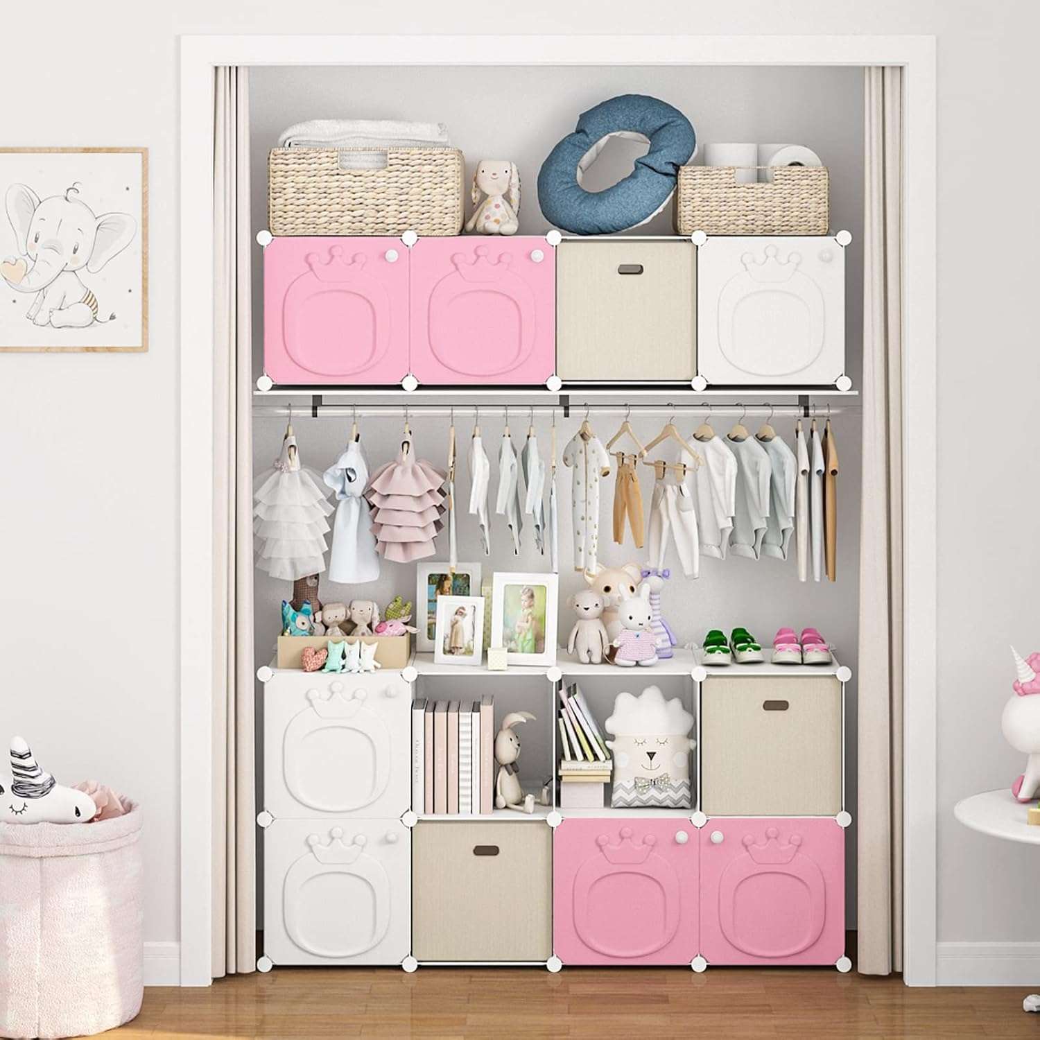 MAGINELS Kids Wardrobe Closet,Baby Closet Cabinet with Door.Baby Girls Closet Armoires Organizer for Bedroom.Two Open Hanging Children Costume Area and 8 Cube Stroage.Pink - 8