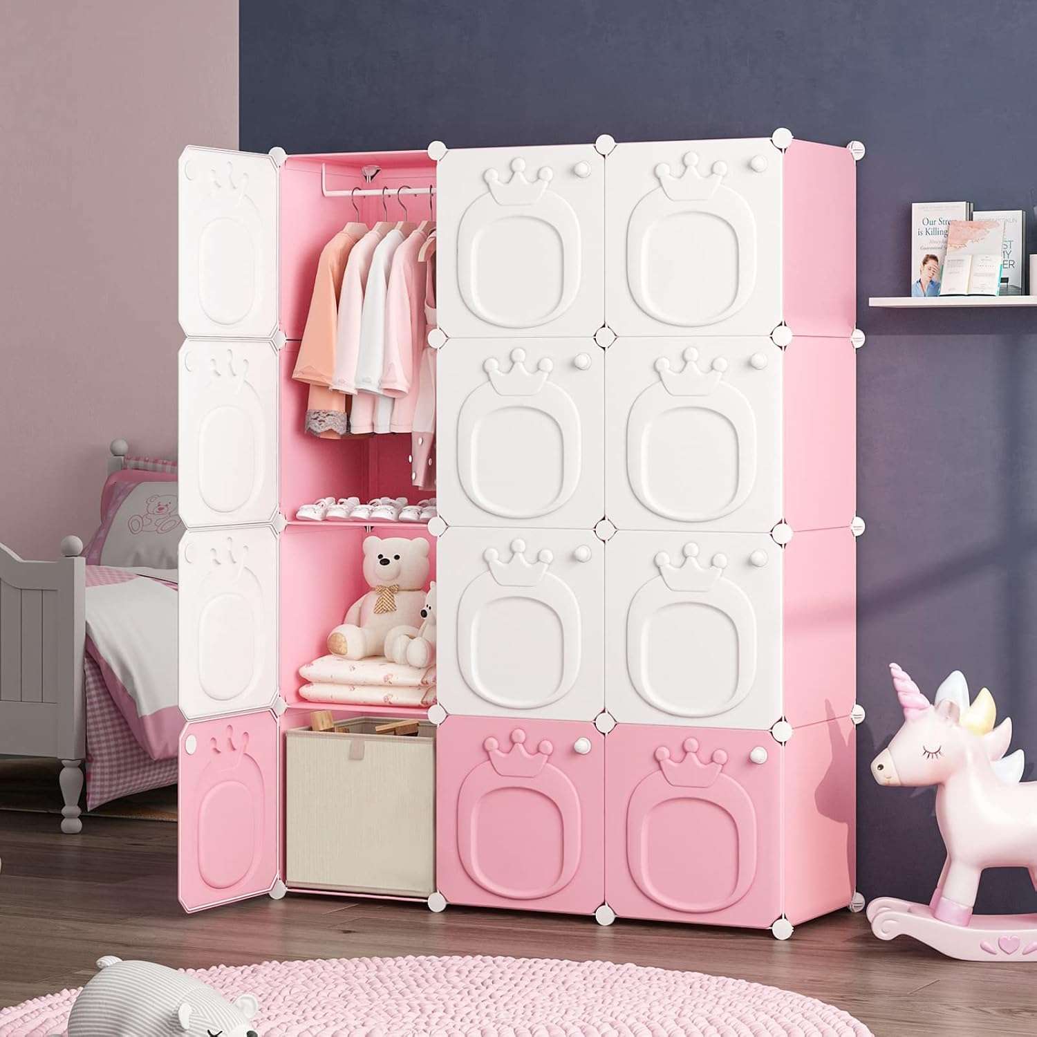 MAGINELS Kids Wardrobe Closet,Baby Closet Cabinet with Door.Baby Girls Closet Armoires Organizer for Bedroom.Two Open Hanging Children Costume Area and 8 Cube Stroage.Pink - 9