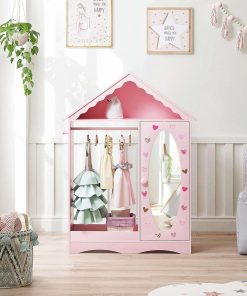 UTEX Kids Dress Up Storage with Mirror, Kids Wardrobe Closet, Dress Up Armoire for Little Girls, Open Hanging Kids Costume Organizer with Storage Cabinet for Kids Room, Playroom - 2