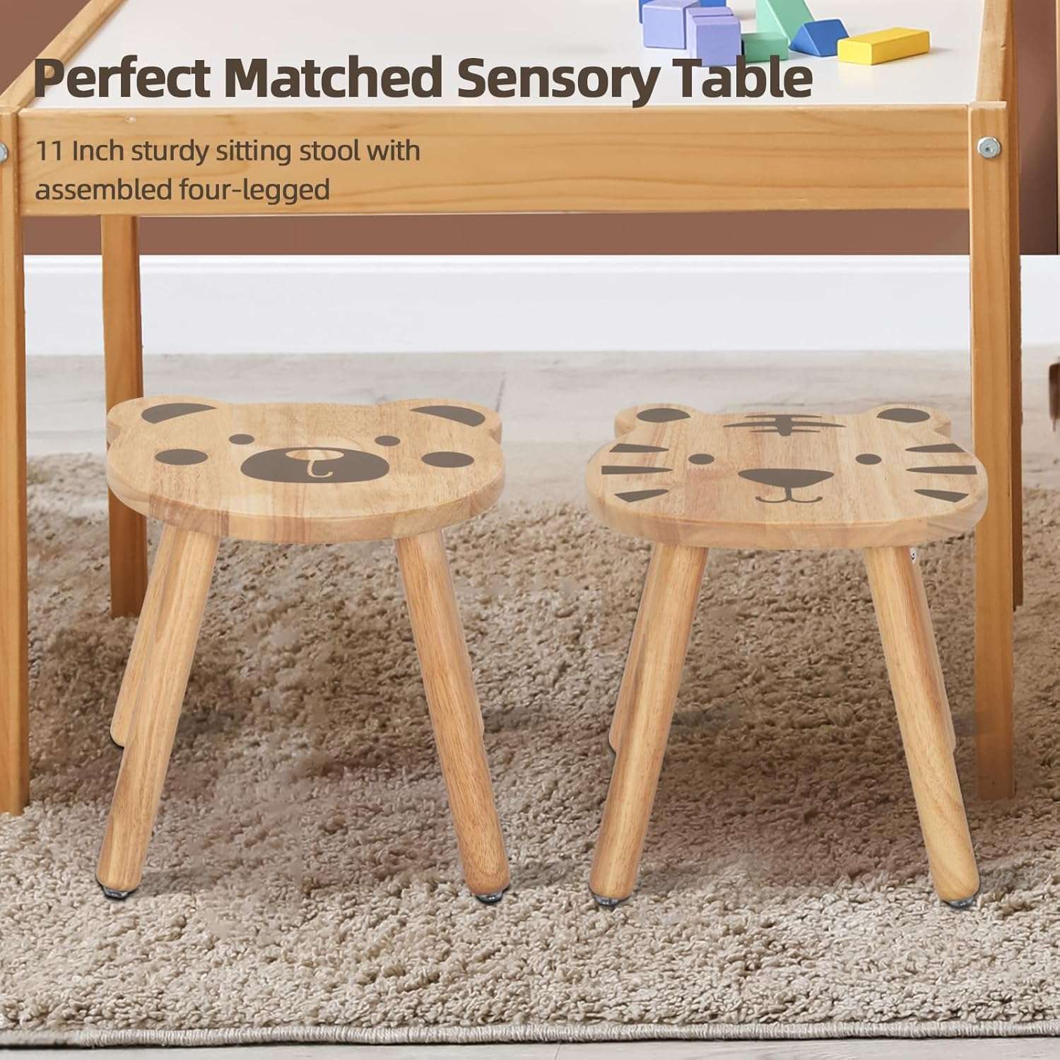 11 Inch Rubberwood Animal Chairs, Solid Wooden Stool for Kids, Sitting Stool Kids Furniture for Playroom, Nursery, Preschool, Kindergarten - 3