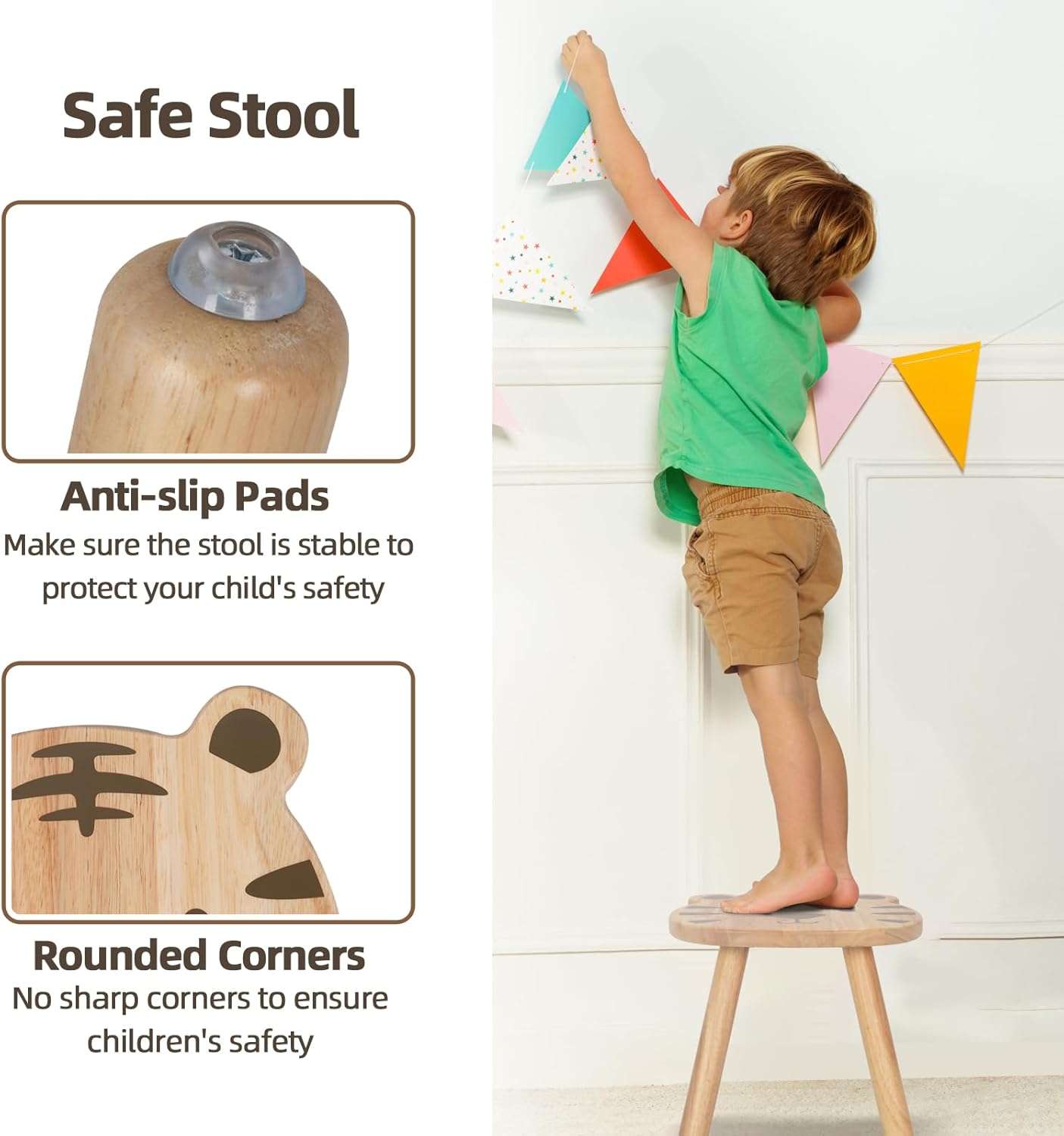 11 Inch Rubberwood Animal Chairs, Solid Wooden Stool for Kids, Sitting Stool Kids Furniture for Playroom, Nursery, Preschool, Kindergarten - 4