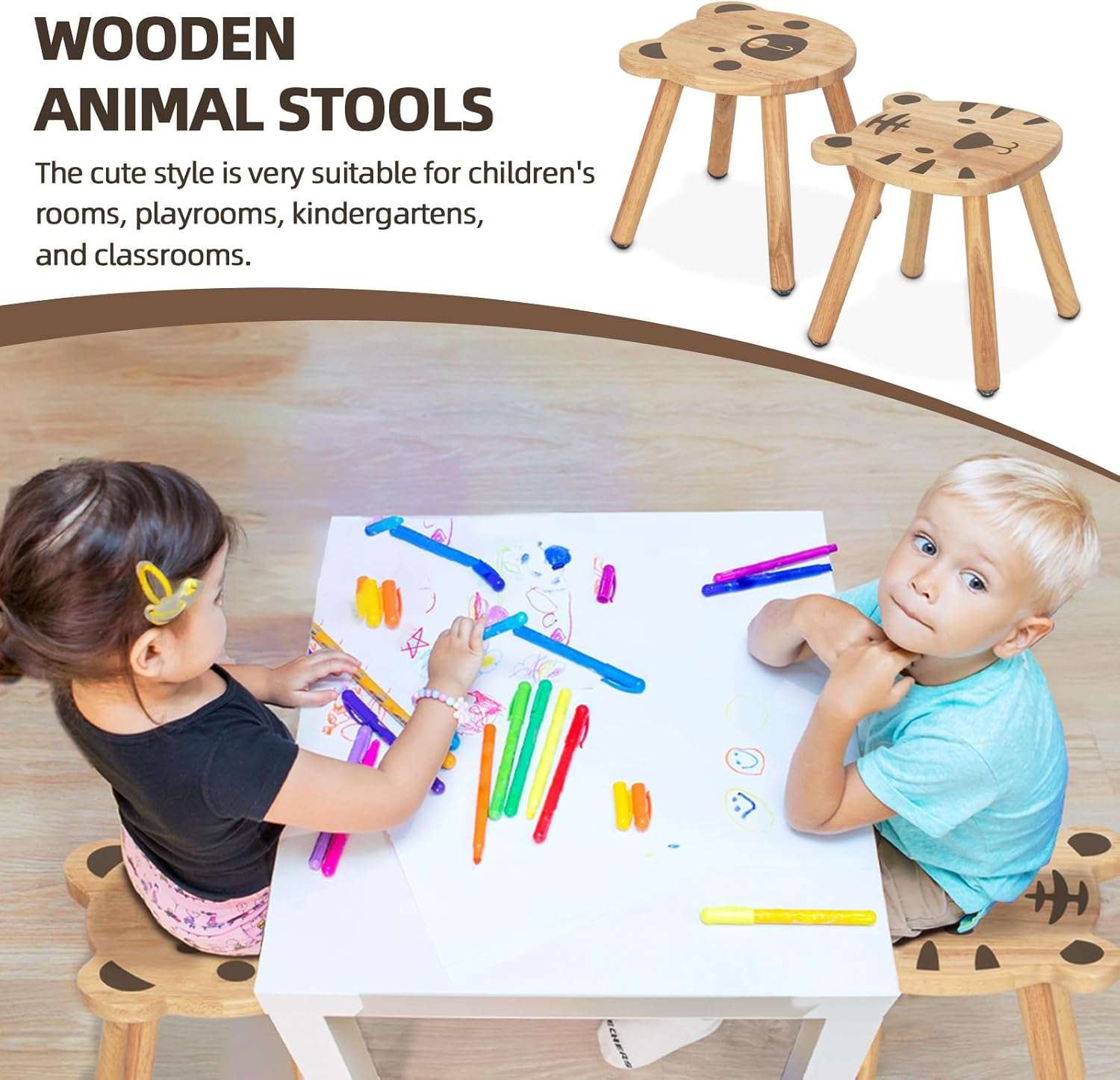 11 Inch Rubberwood Animal Chairs, Solid Wooden Stool for Kids, Sitting Stool Kids Furniture for Playroom, Nursery, Preschool, Kindergarten - 5