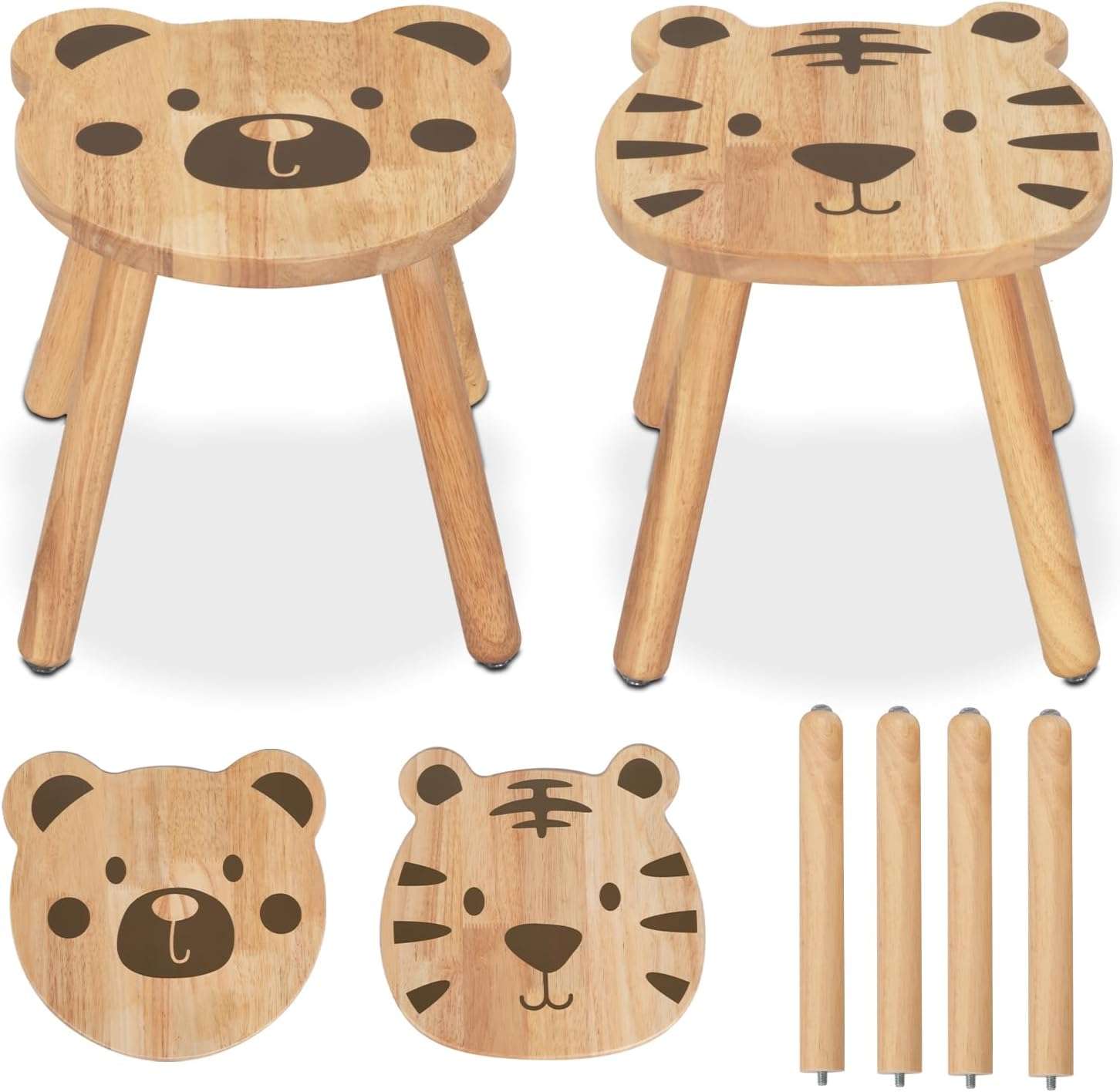 11 Inch Rubberwood Animal Chairs, Solid Wooden Stool for Kids, Sitting Stool Kids Furniture for Playroom, Nursery, Preschool, Kindergarten - 8