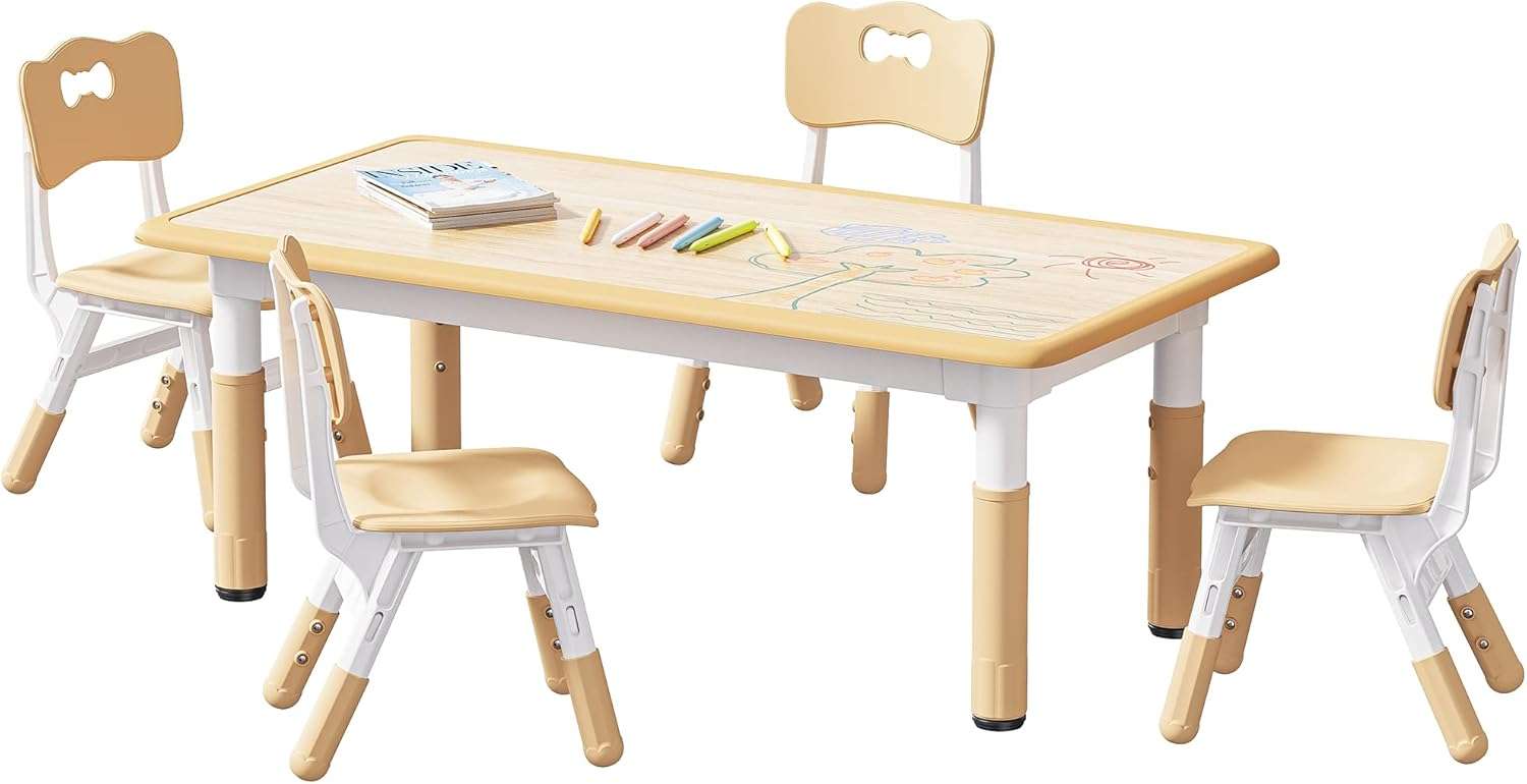Brelley Kids Table and 4 Chairs Set, Height Adjustable Toddler Table and Chair Set, Graffiti Desktop, Non-Slip Legs, Max 300lbs, Children Multi-Activity Table for Ages 2-8 - 1