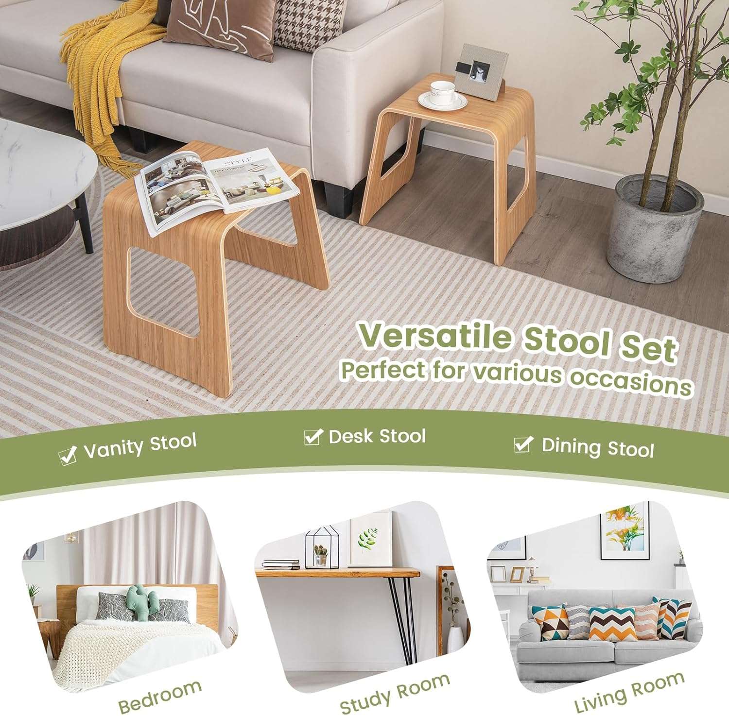 COSTWAY 4-Pack Wood Stackable Stools, 18-inch Height Backless School Stools with Non-Slip Foot Pads and Cutout Handles, Portable Classroom Stools Set of 4 for Kids Adults for Side Table - 4