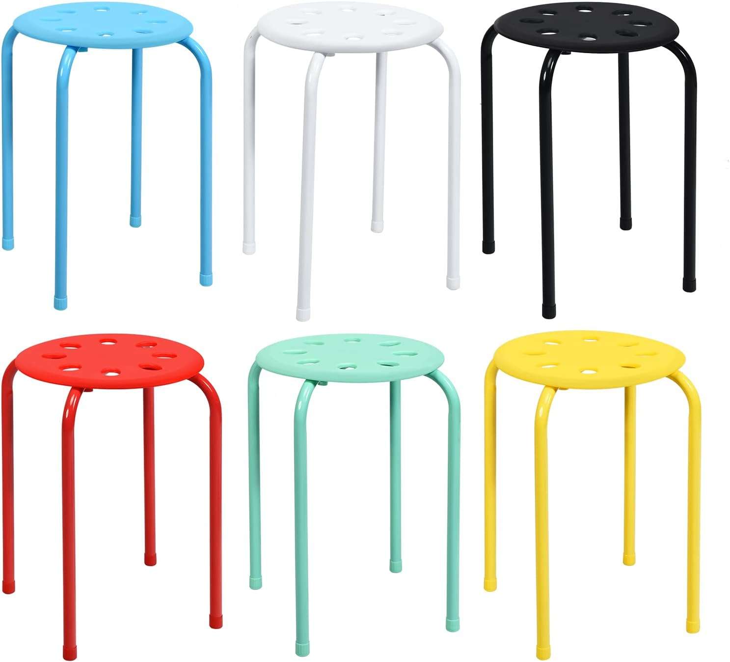 COSTWAY 6-Pack Plastic Stack Stools, 17.5-Inch Portable Stackable Stools with Metal Frame, Backless School Classroom Decoration Stools with Round Top, Mulit Color for Students Child Kids - 1