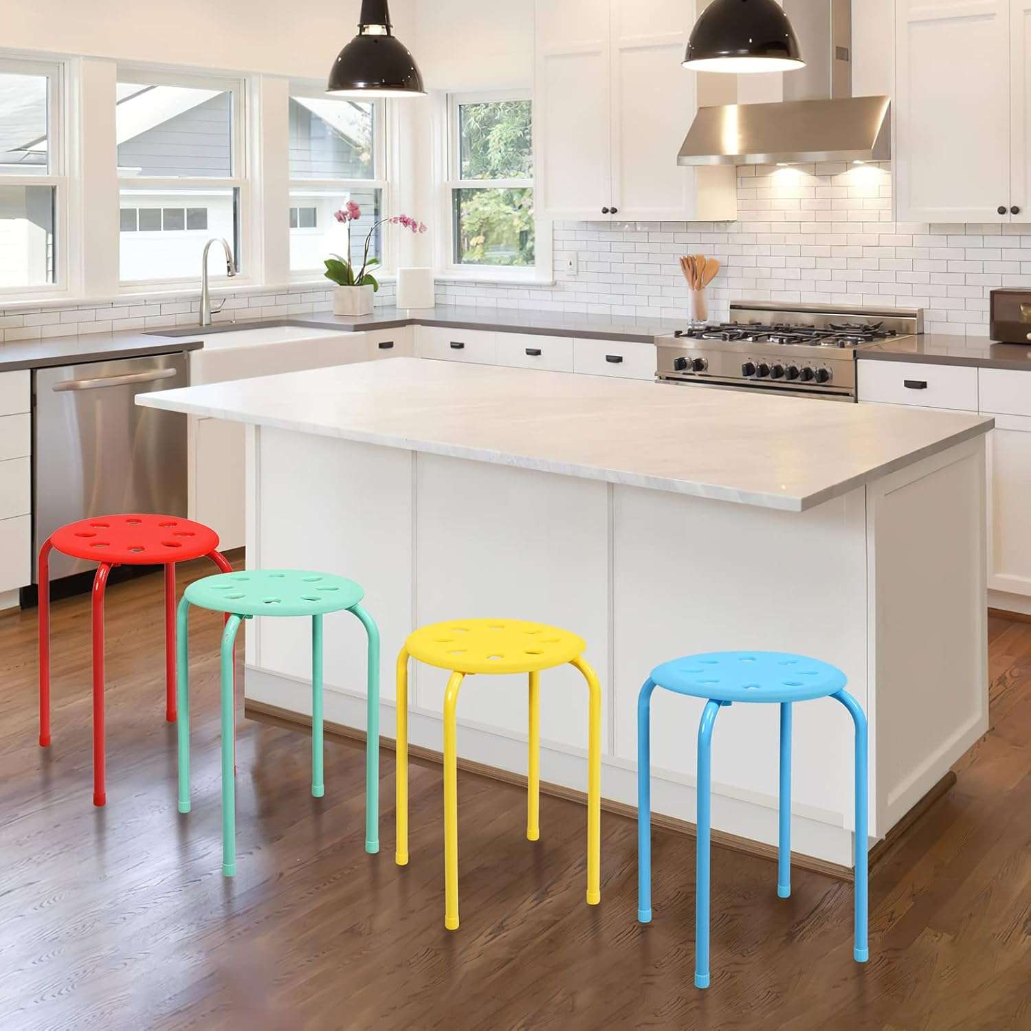 COSTWAY 6-Pack Plastic Stack Stools, 17.5-Inch Portable Stackable Stools with Metal Frame, Backless School Classroom Decoration Stools with Round Top, Mulit Color for Students Child Kids - 2