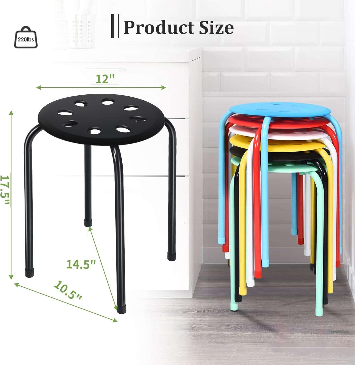 COSTWAY 6-Pack Plastic Stack Stools, 17.5-Inch Portable Stackable Stools with Metal Frame, Backless School Classroom Decoration Stools with Round Top, Mulit Color for Students Child Kids - 3