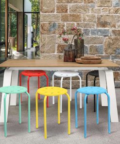 COSTWAY 6-Pack Plastic Stack Stools, 17.5-Inch Portable Stackable Stools with Metal Frame, Backless School Classroom Decoration Stools with Round Top, Mulit Color for Students Child Kids - 4