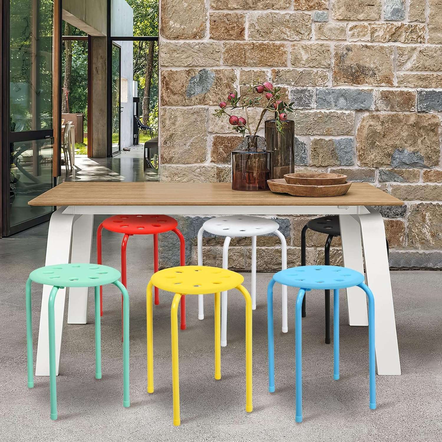 COSTWAY 6-Pack Plastic Stack Stools, 17.5-Inch Portable Stackable Stools with Metal Frame, Backless School Classroom Decoration Stools with Round Top, Mulit Color for Students Child Kids - 4