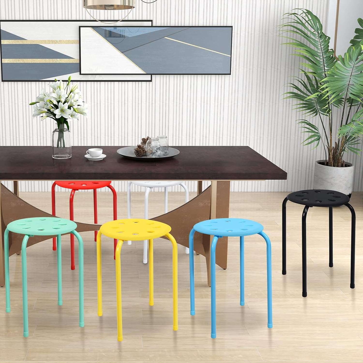COSTWAY 6-Pack Plastic Stack Stools, 17.5-Inch Portable Stackable Stools with Metal Frame, Backless School Classroom Decoration Stools with Round Top, Mulit Color for Students Child Kids - 5