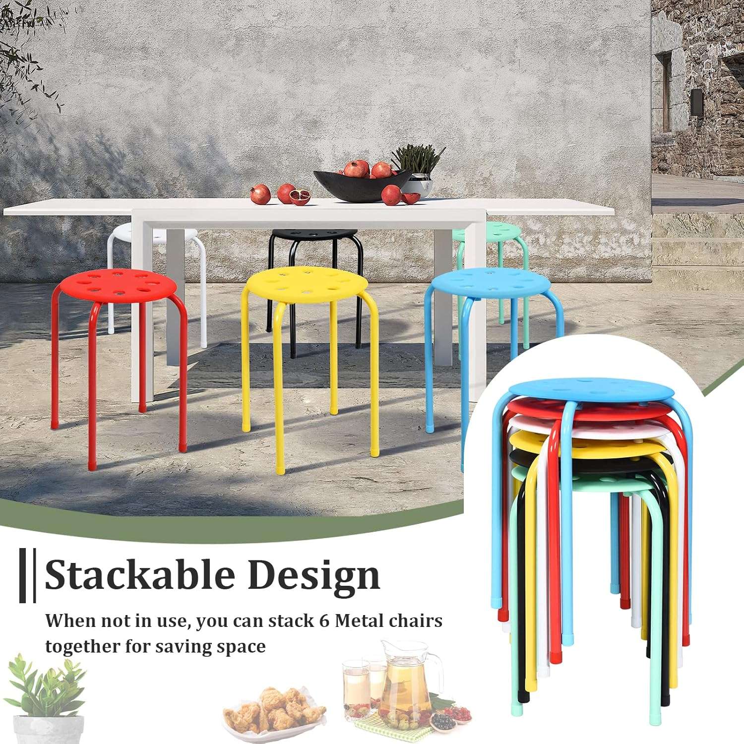 COSTWAY 6-Pack Plastic Stack Stools, 17.5-Inch Portable Stackable Stools with Metal Frame, Backless School Classroom Decoration Stools with Round Top, Mulit Color for Students Child Kids - 7